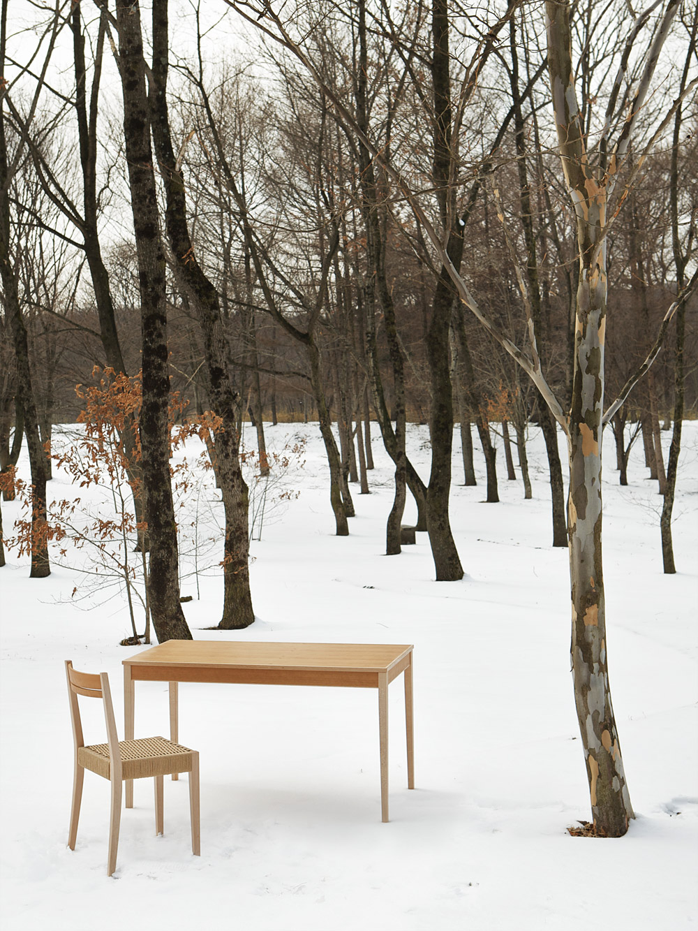 雪が積もる那須の森の中で家具を撮影